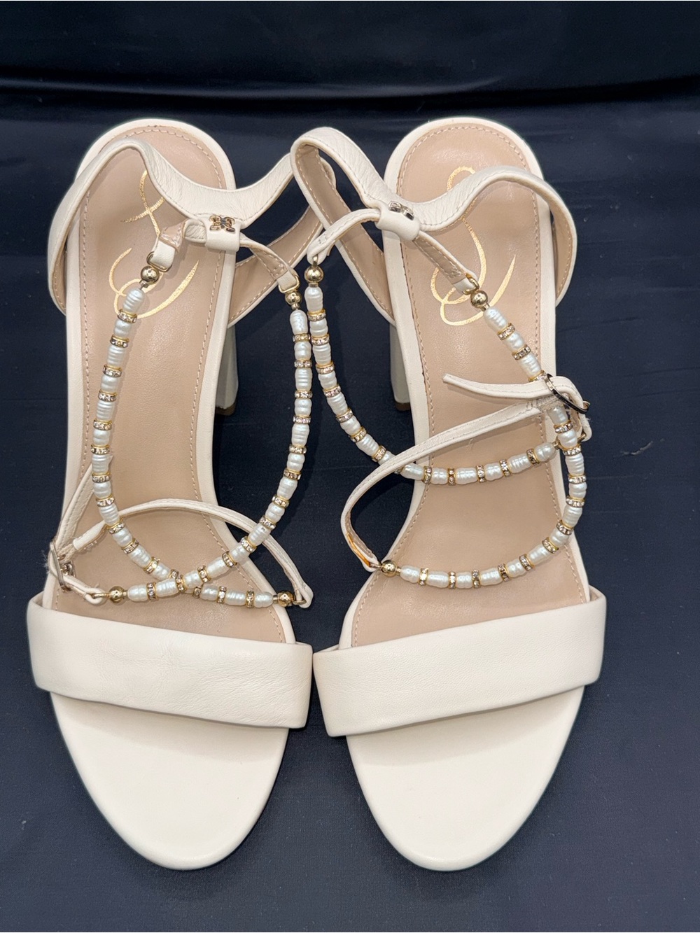 Sam Edelman Yanelli Pearl Ankle Strap Block Heel Sandal 9M Ivory Bridal Coquette - Picture 4 of 11